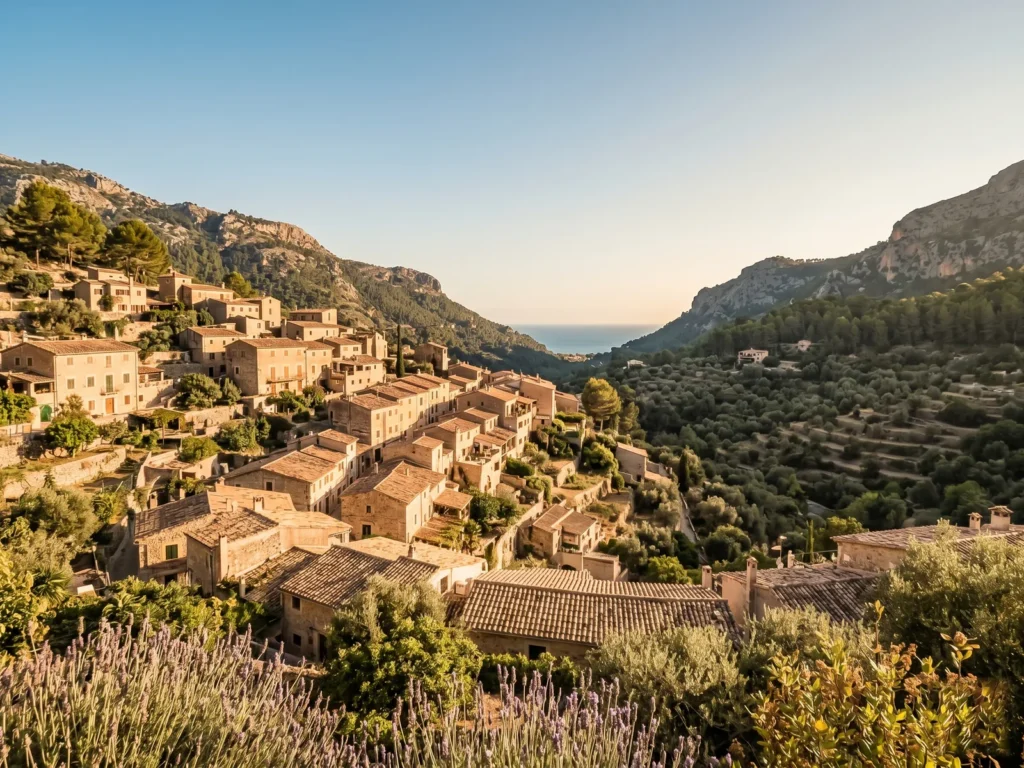 Stone village of Deià nestled in the Mallorcan Tramuntana mountains
