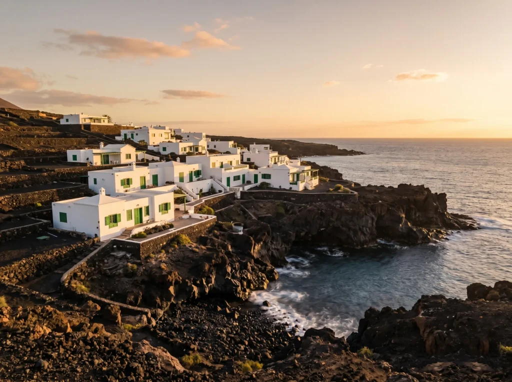 Whitewashed terrace overlooking the volcanic Lanzarote coastline