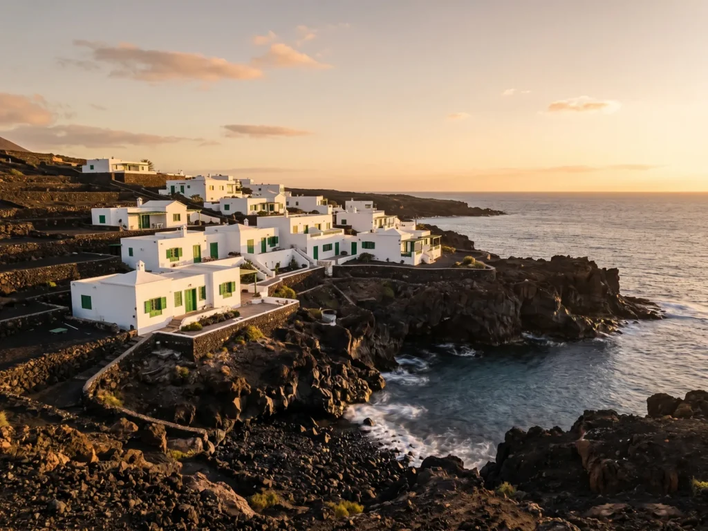 Whitewashed terrace overlooking the volcanic Lanzarote coastline