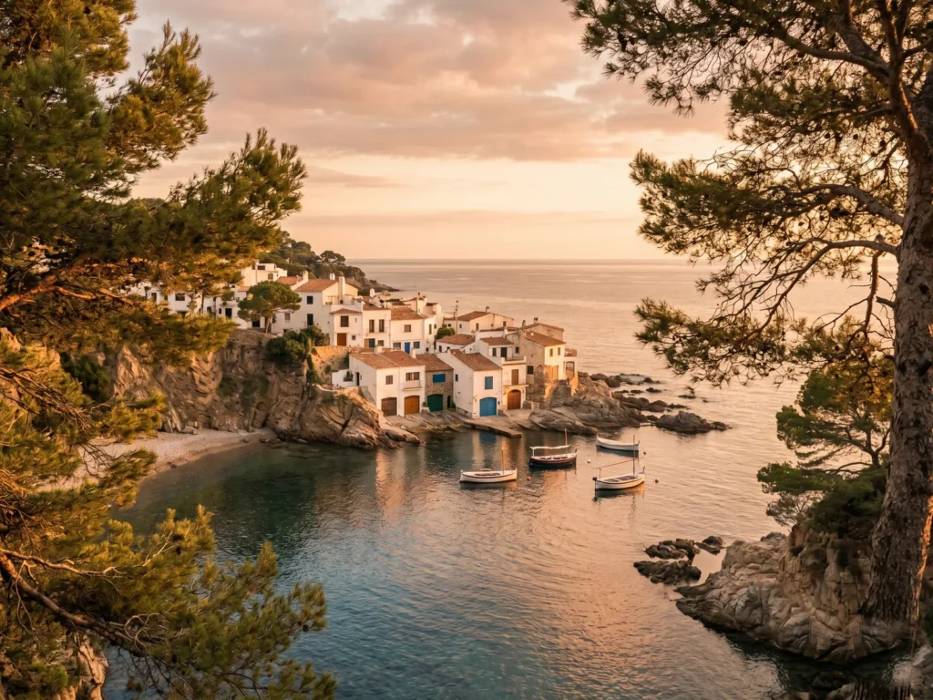 Pine-clad cove and white village clinging to the Costa Brava cliffs