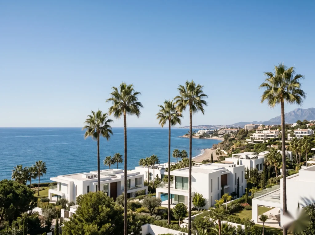 Palm-lined coastal view of Marbella villas overlooking the Mediterranean