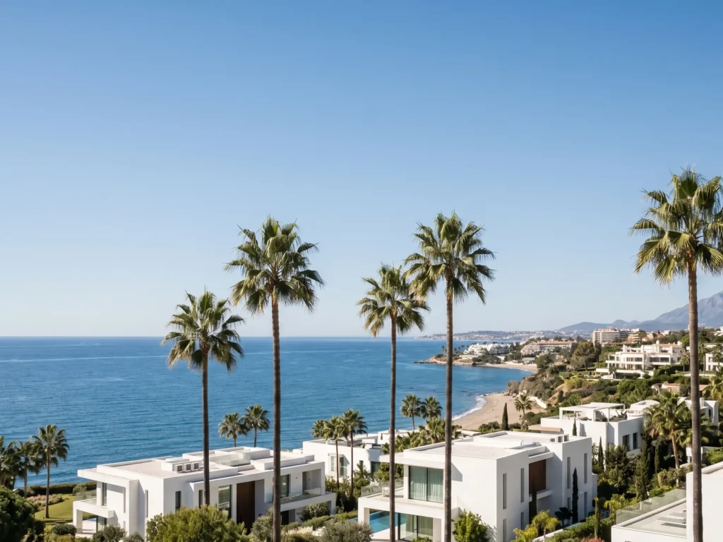 Palm-lined coastal view of Marbella villas overlooking the Mediterranean