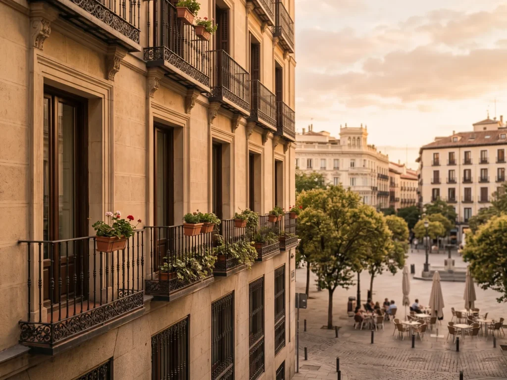 Wrought-iron balconies on a Salamanca district street in Madrid