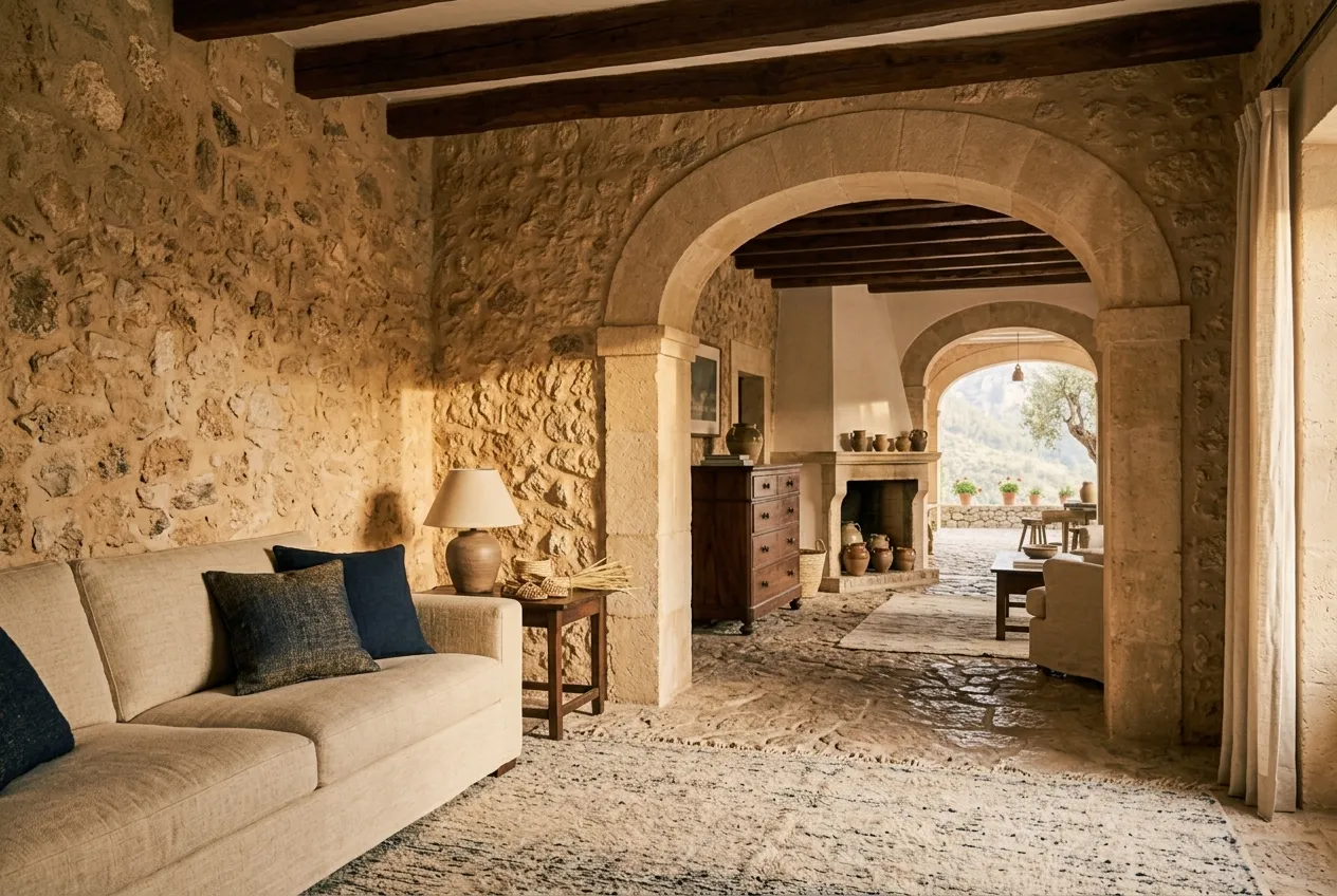 A Mallorcan finca-style interior with stone walls, beams and an arch