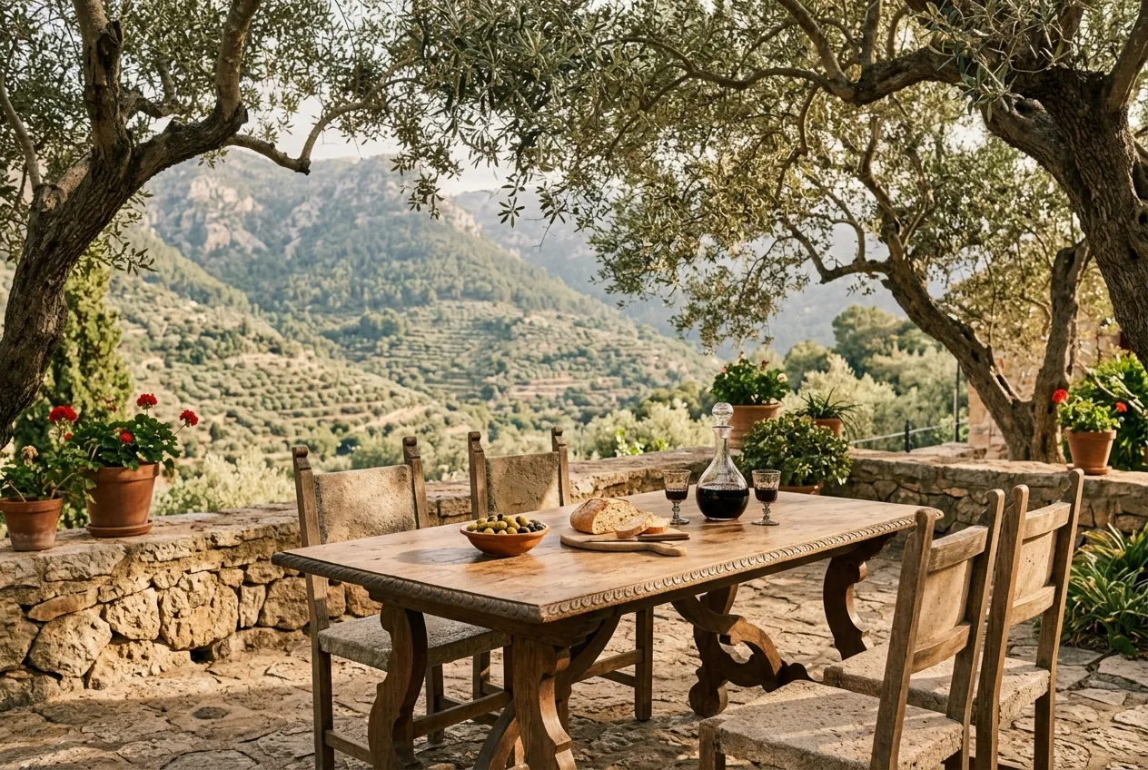 A table under olive trees with the Tramuntana mountains beyond