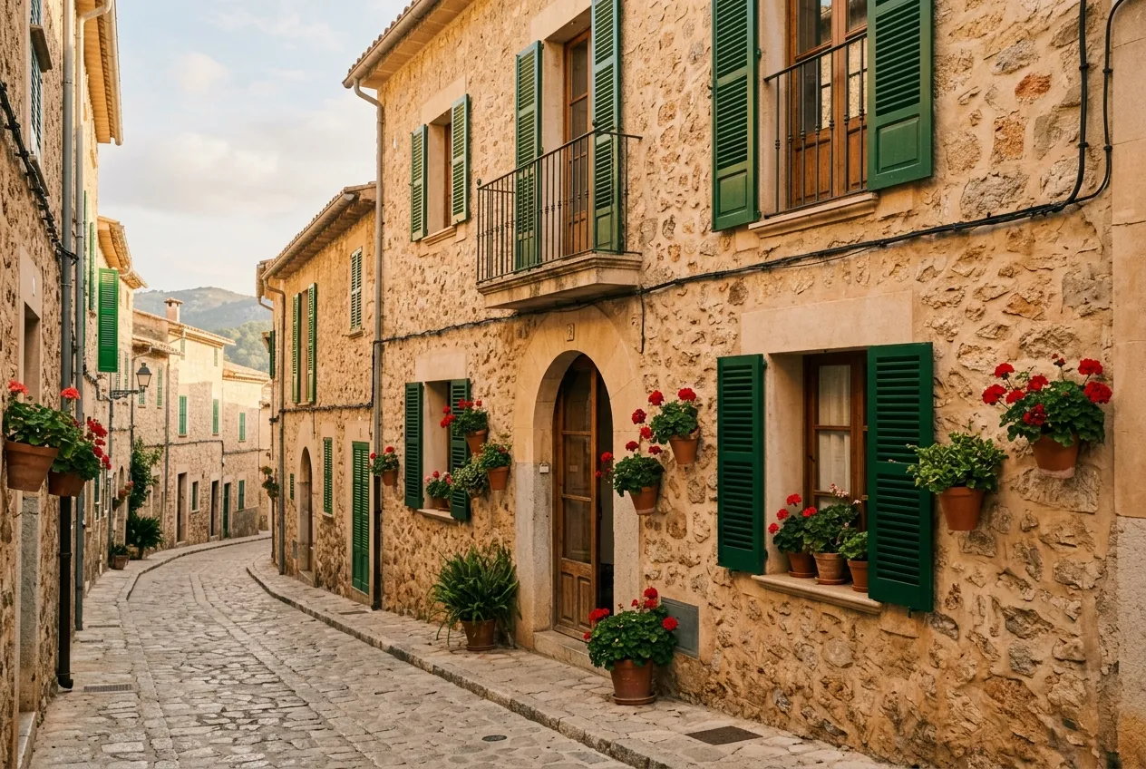 A honey-stone Mallorcan street with green shutters and geraniums