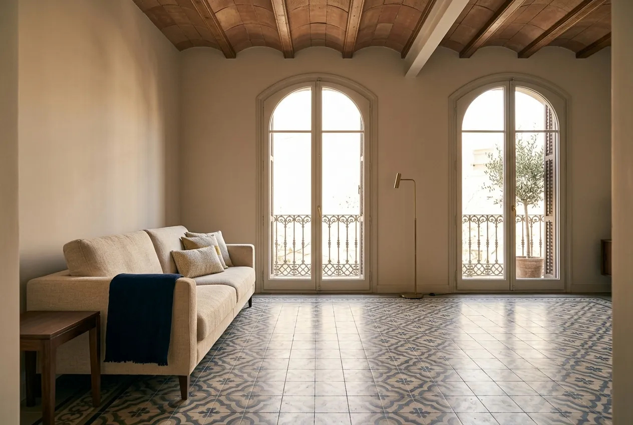 A Barcelona-style apartment interior with a patterned tile floor and tall balcony doors
