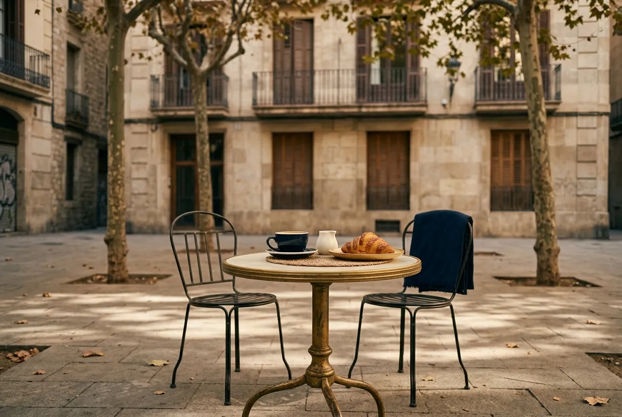 Coffee and a croissant at a café table on a quiet plaza