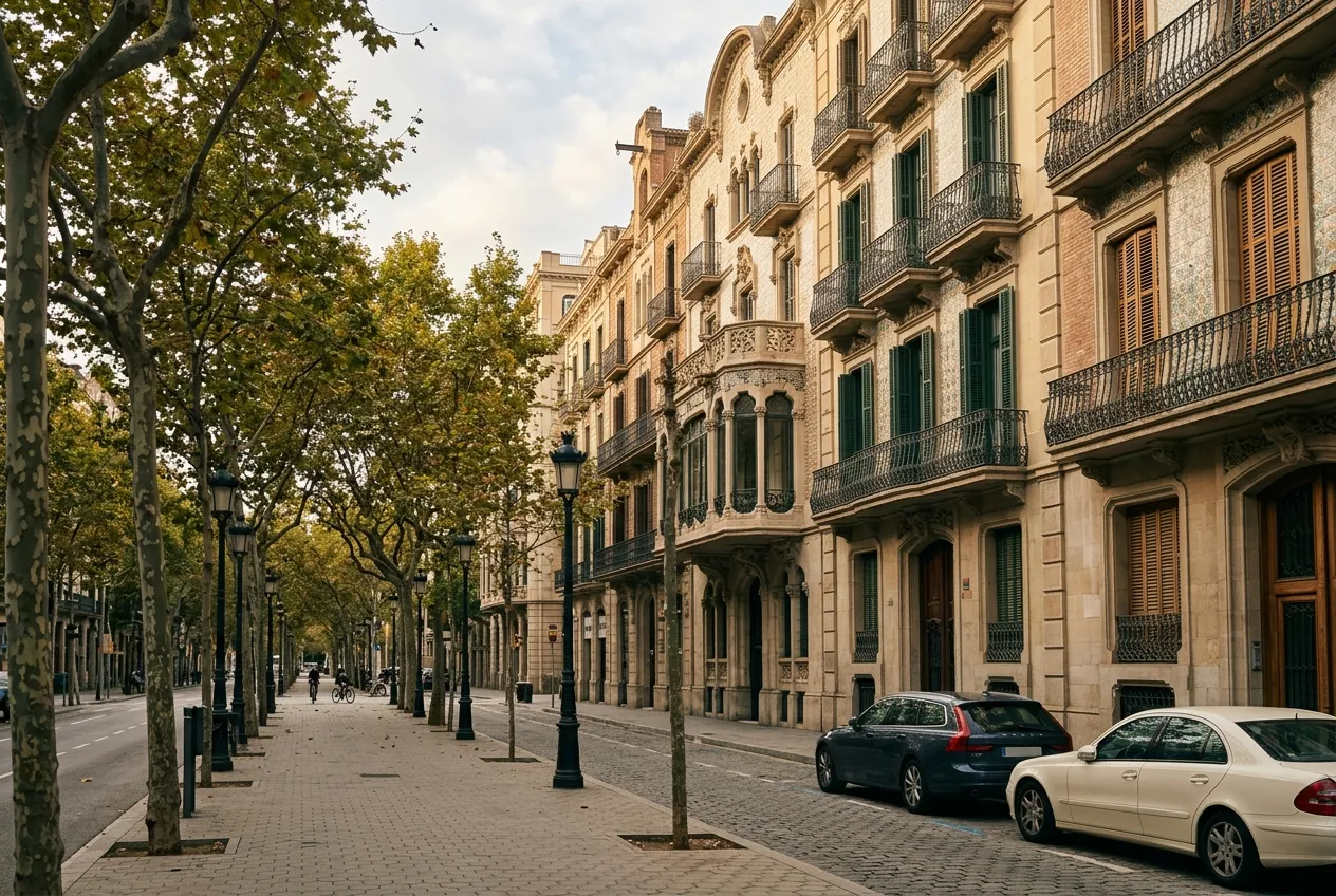 An Eixample street lined with plane trees and iron balconies