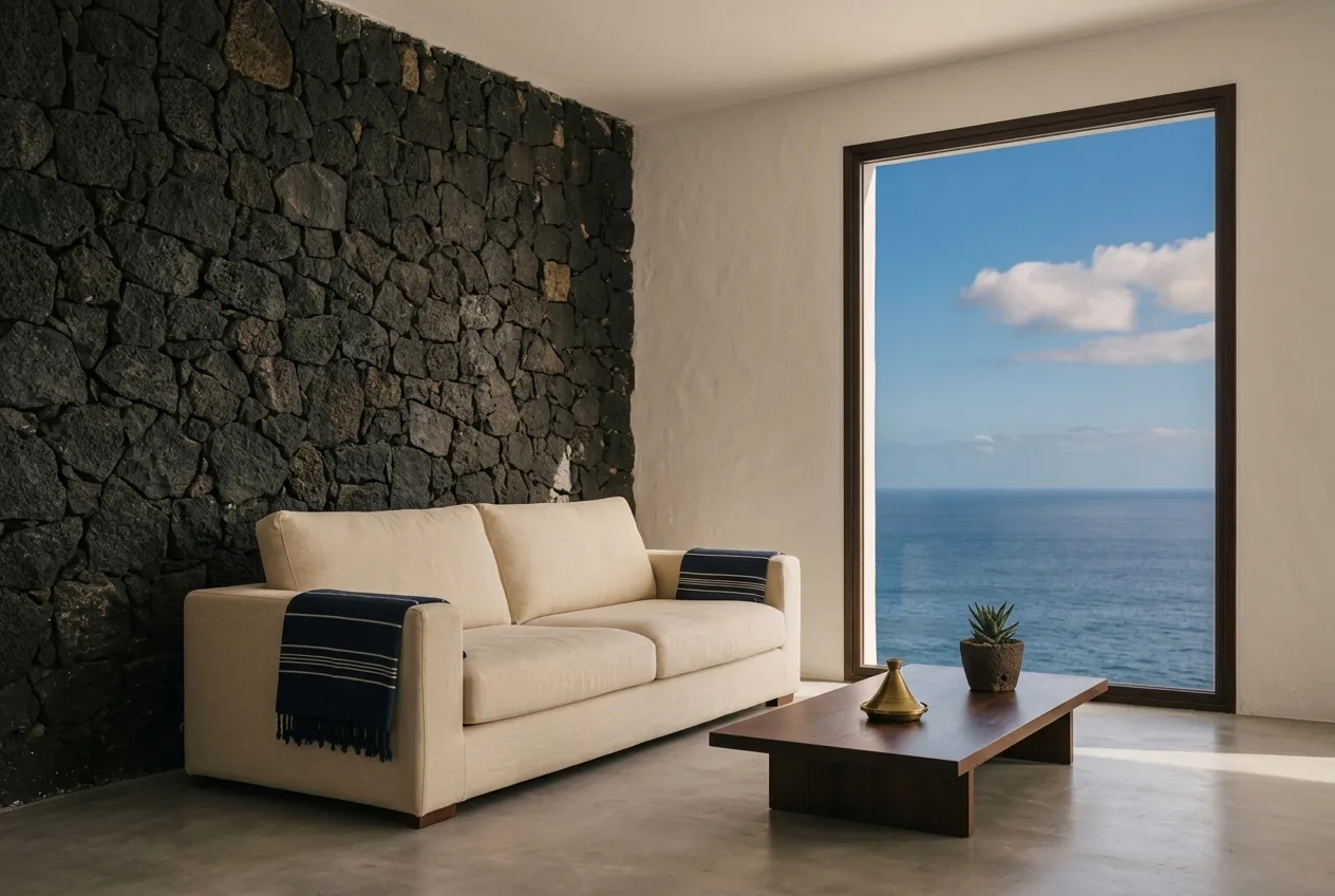 A contemporary Canarian-style living room with a volcanic stone wall and an Atlantic view