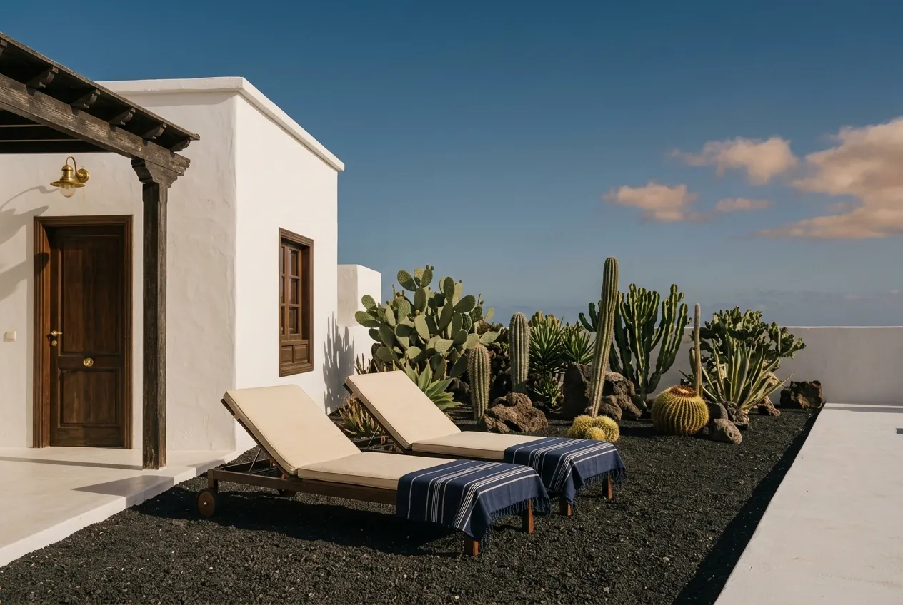 A white patio with a cactus garden on black volcanic gravel