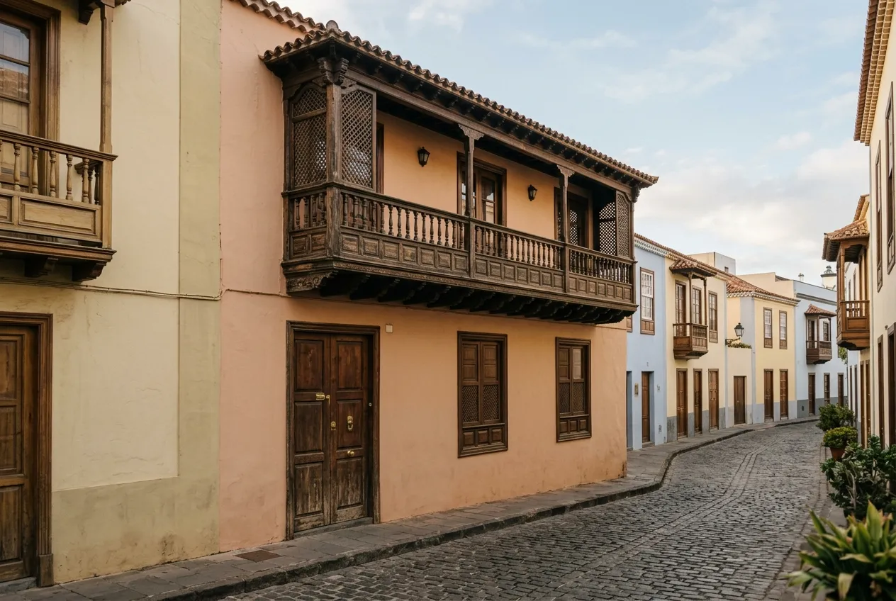 A colonial street with carved wooden balconies on pastel façades
