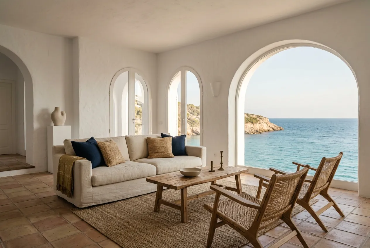 A whitewashed Mediterranean living room with arches open to the sea