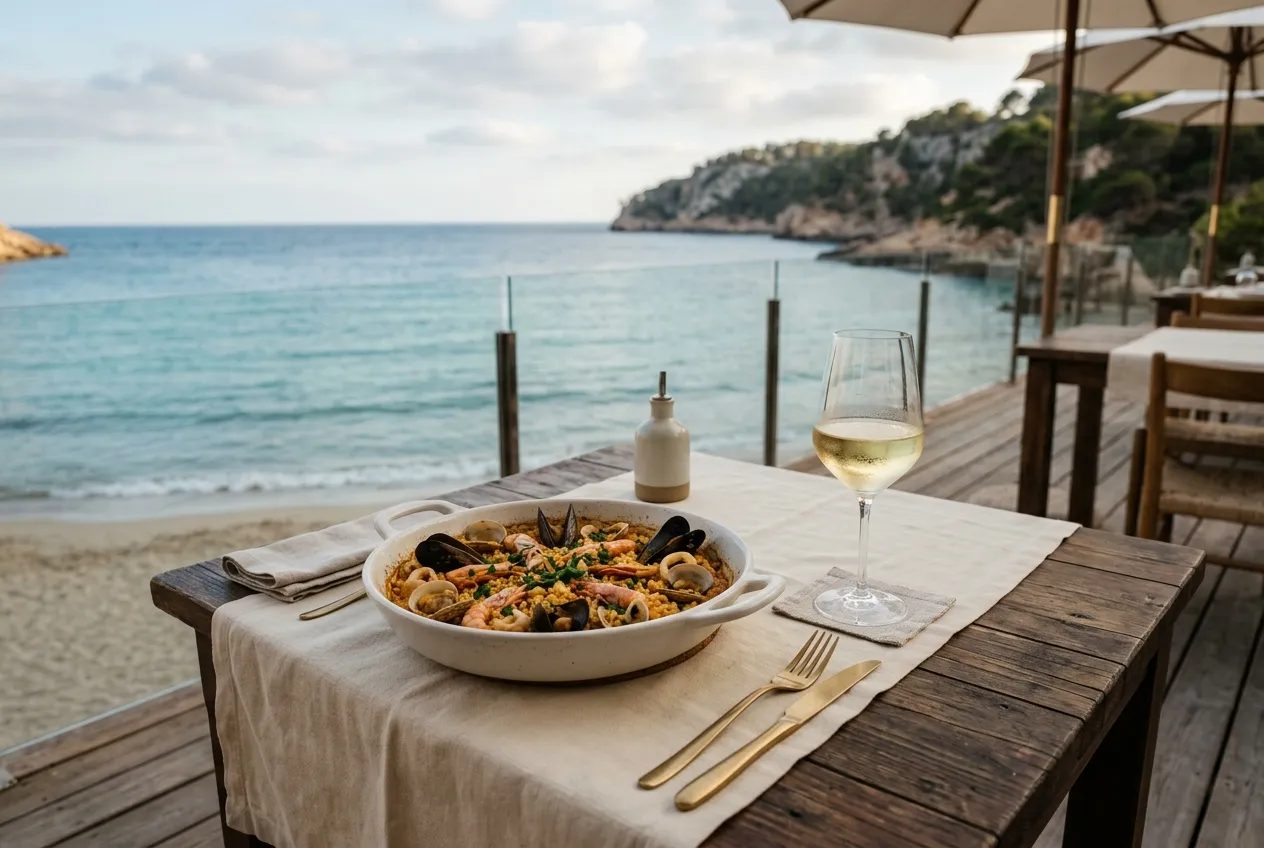Paella and a glass of white wine at a table by the beach