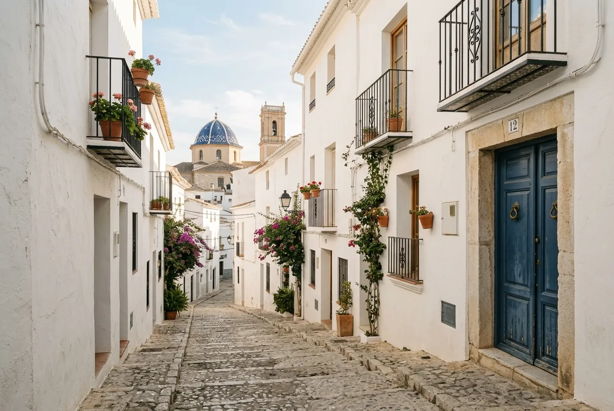 A cobbled lane of white houses climbing to a blue-tiled church dome