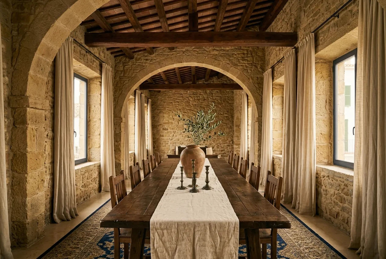 A stone farmhouse interior in the Empordà style with a long rustic table