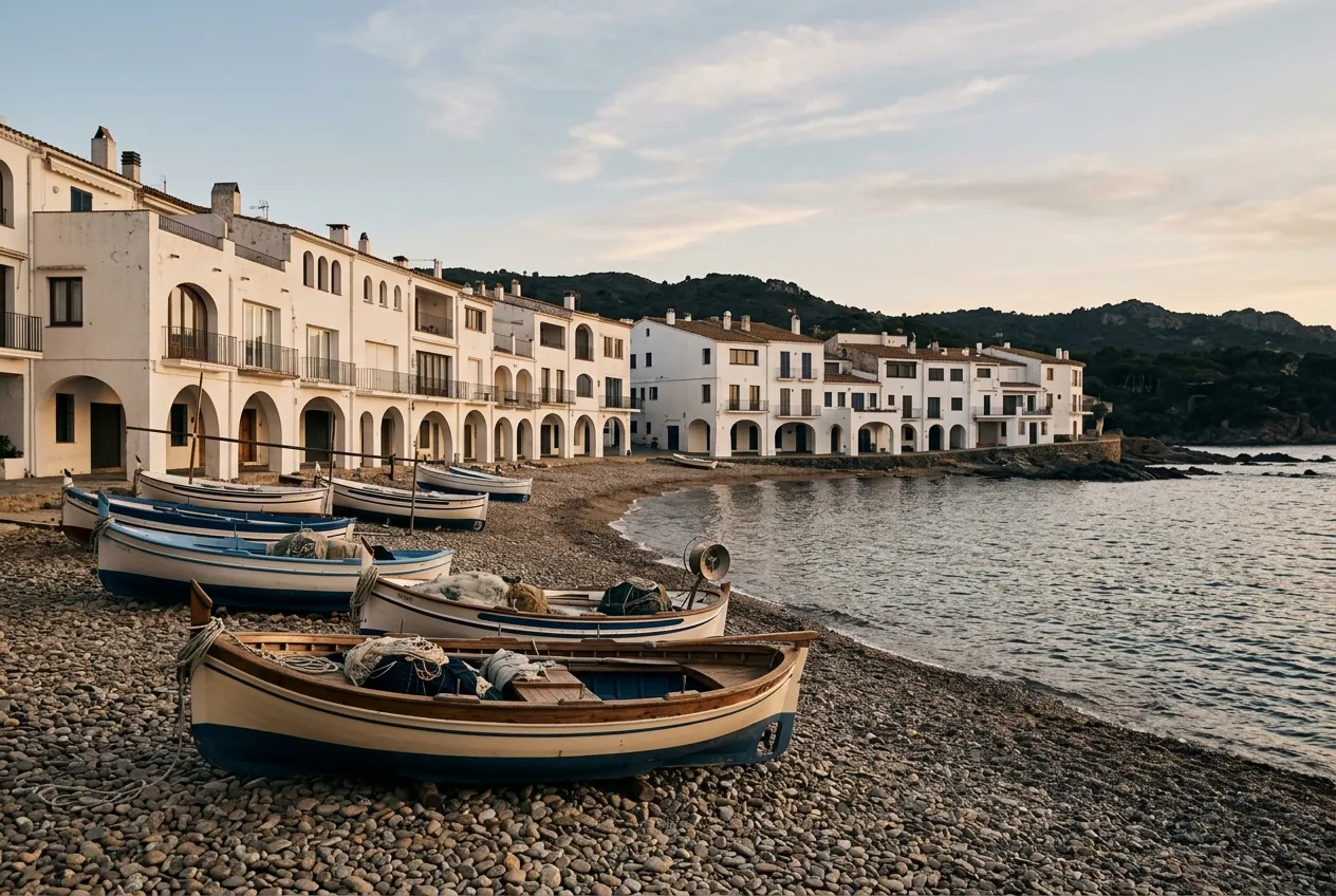 Wooden fishing boats drawn up on a pebble cove below white arcaded houses
