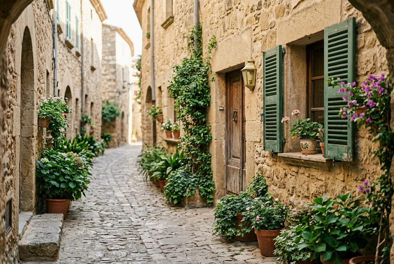 A medieval stone lane with green shutters and potted plants