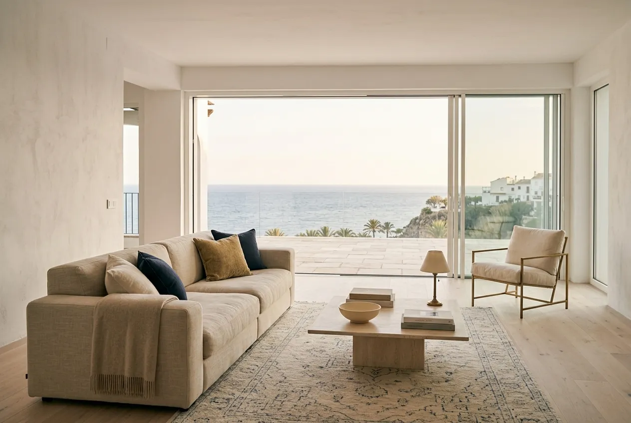 A bright Andalusian-style living room with glass doors open to the sea