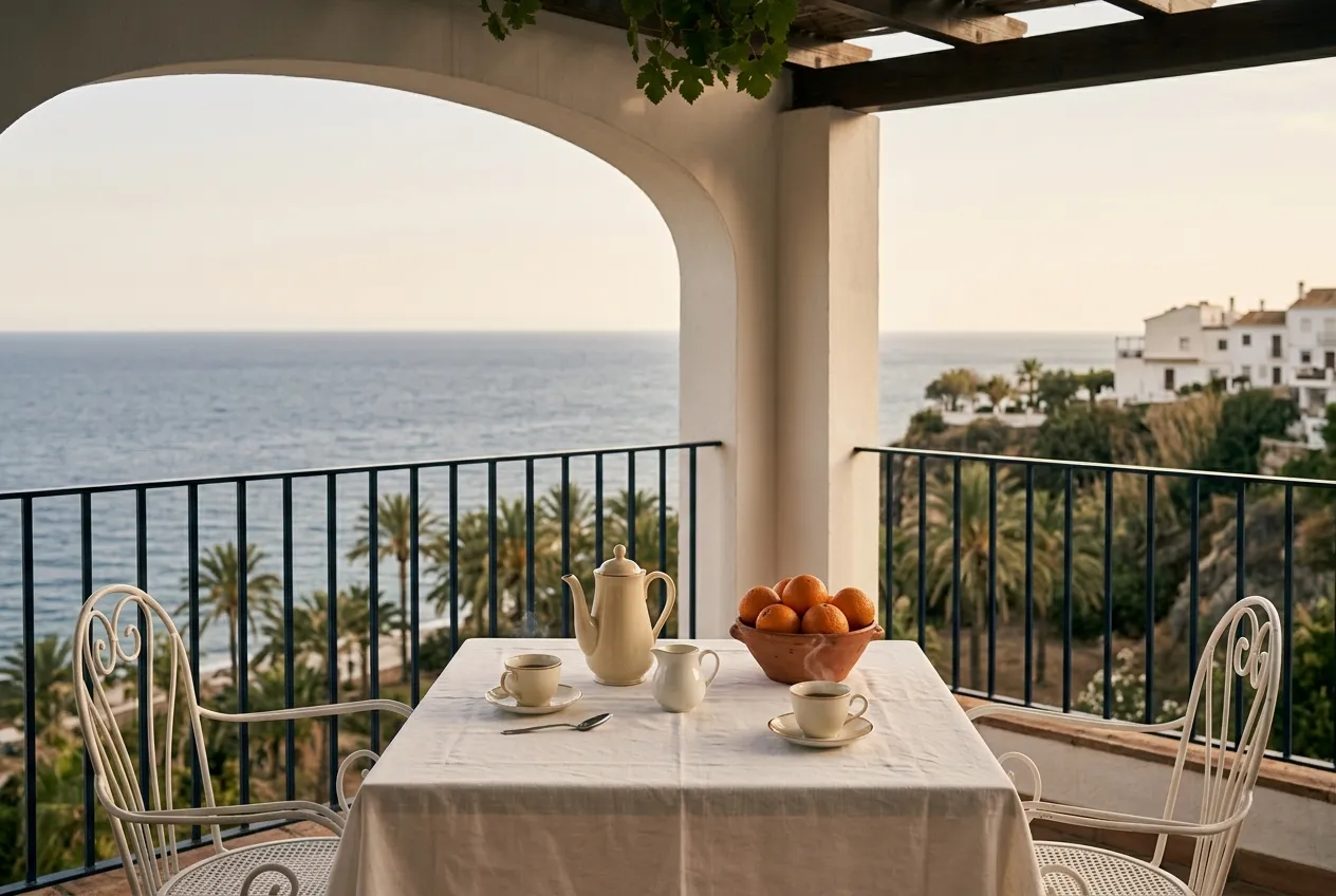 A breakfast table on a shaded terrace above the Mediterranean