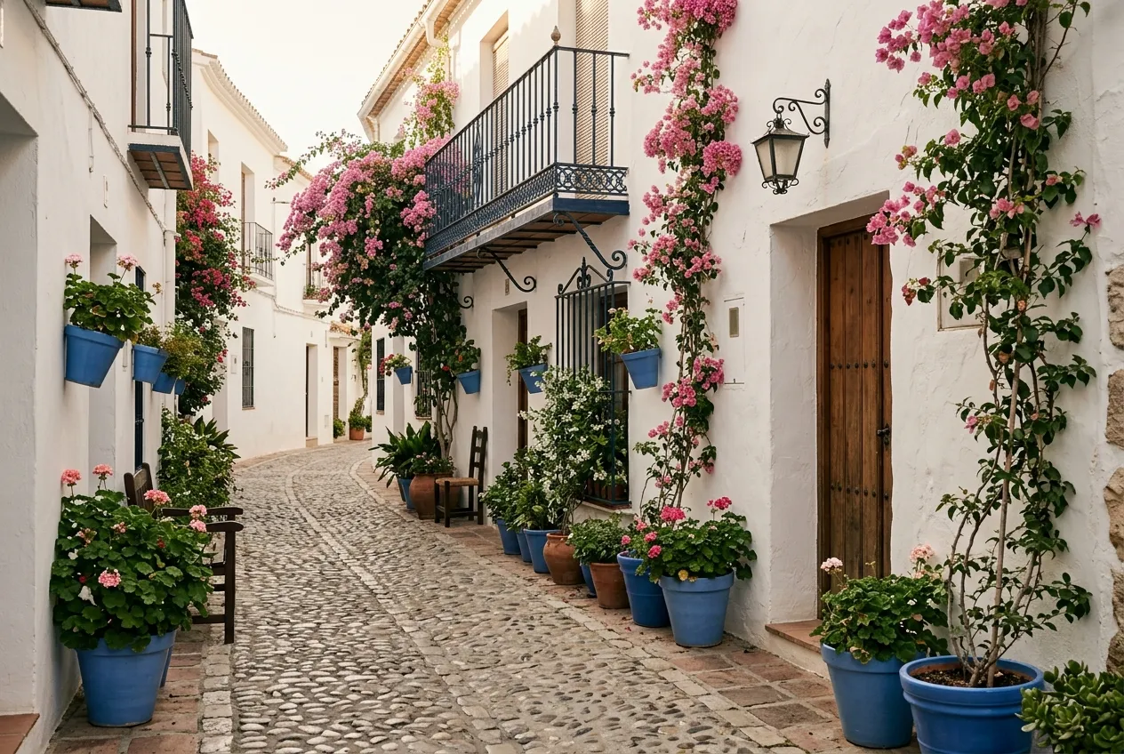 A whitewashed lane with bougainvillea and blue flower pots on the walls