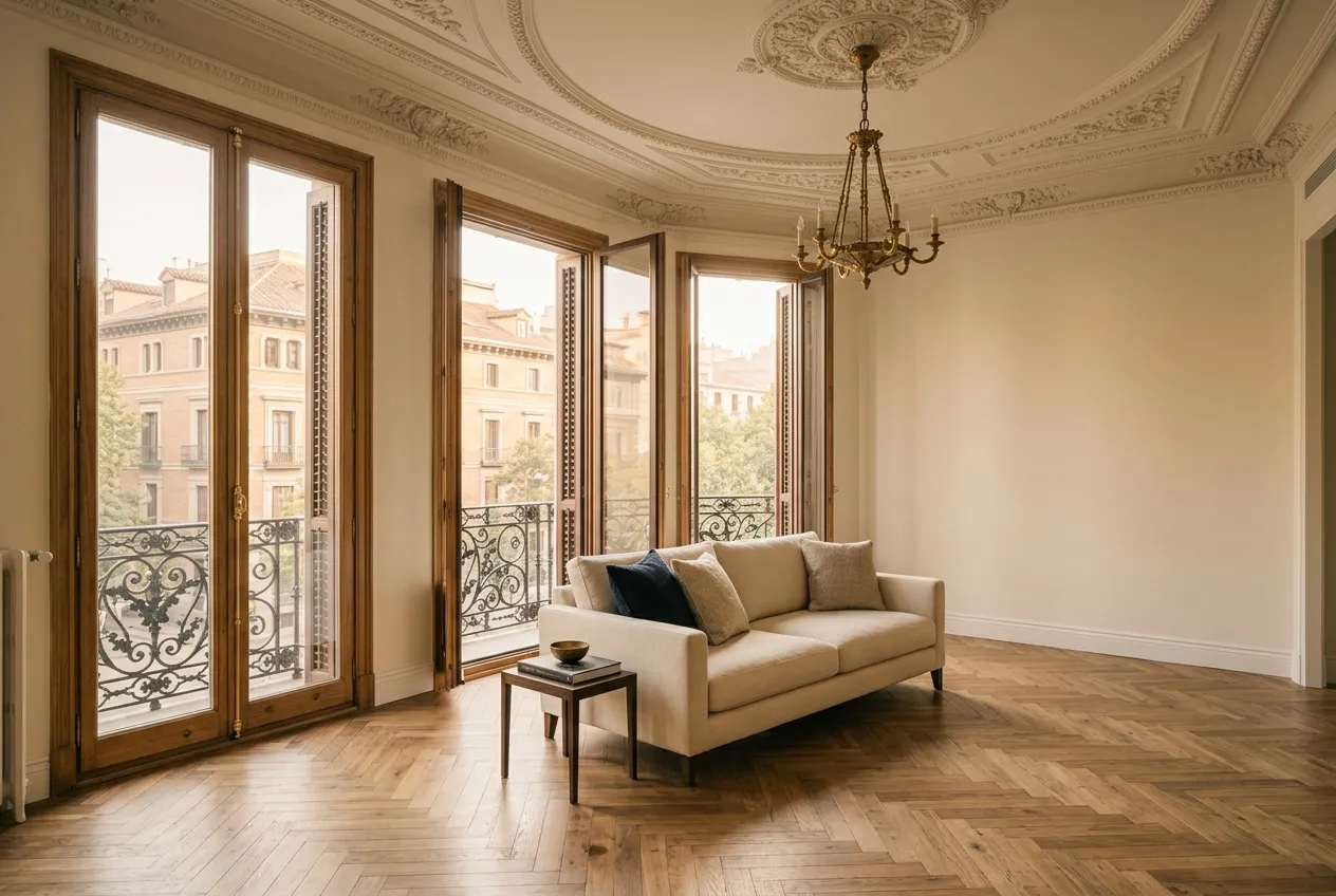 Interior clásico de estilo madrileño con parquet en espiga y altos ventanales a balcones de hierro