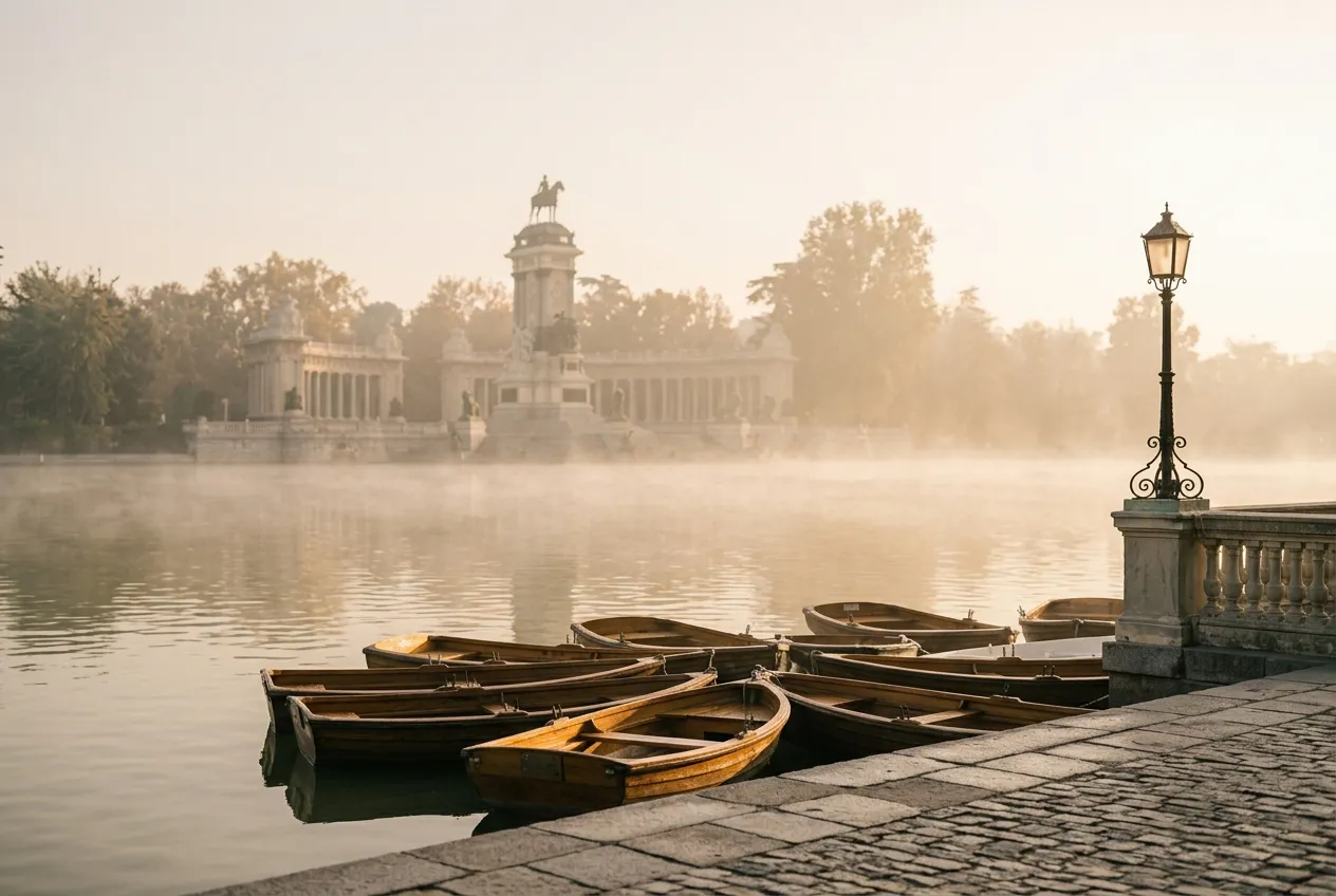 Rowing boats moored on the Retiro lake in the early morning mist