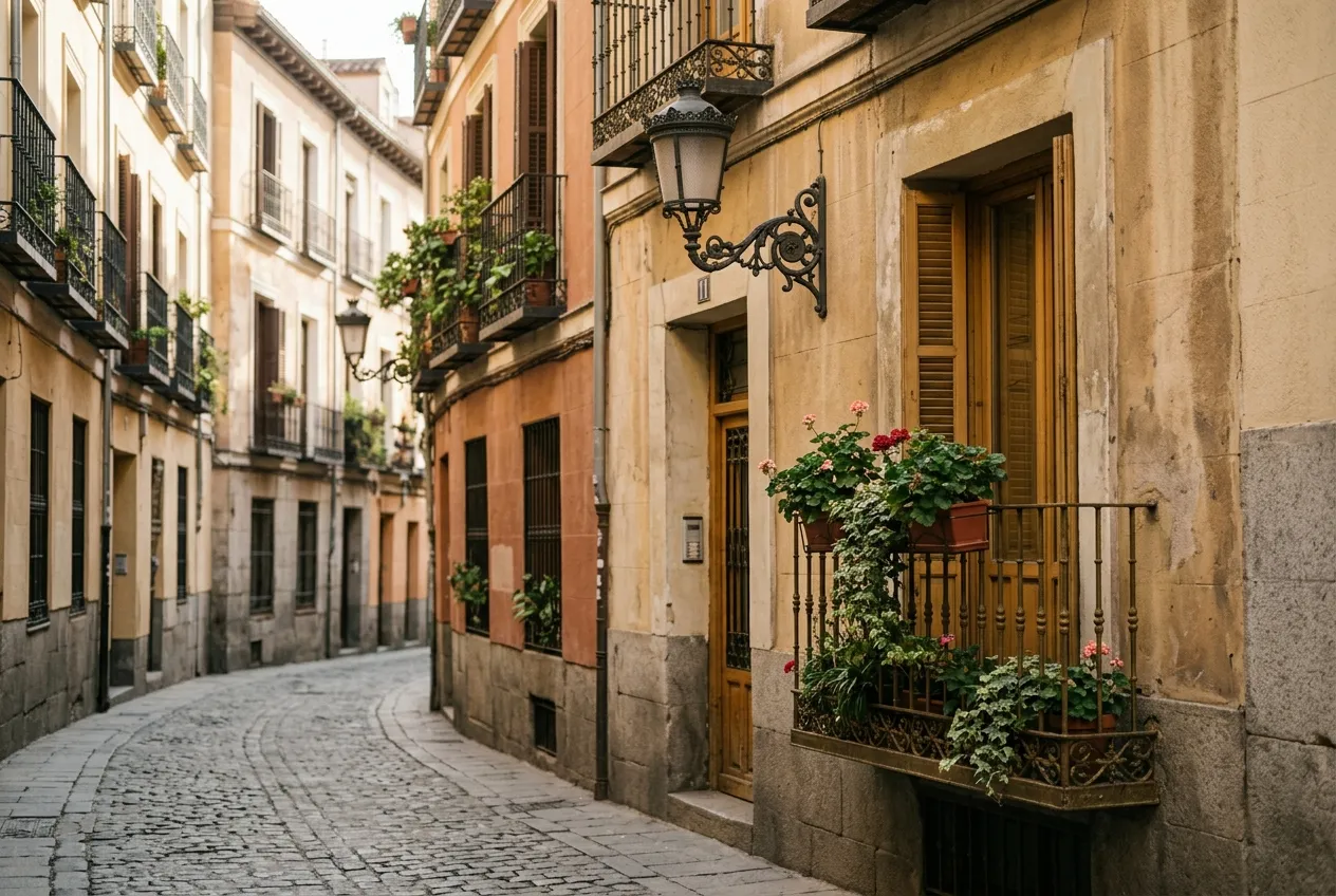 A street in old Madrid with ochre façades, iron lanterns and balconies