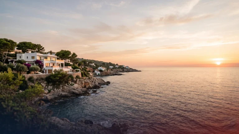 Villa sobre una cala mediterránea al atardecer, la imagen que muchos tienen al comprar casa en España siendo extranjero