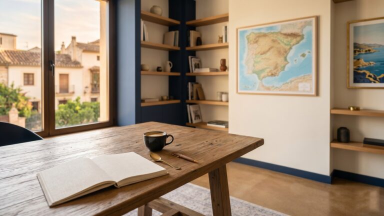 Escritorio con cuaderno abierto y mapa de España: el papeleo del NIE para comprar casa en España empieza aquí